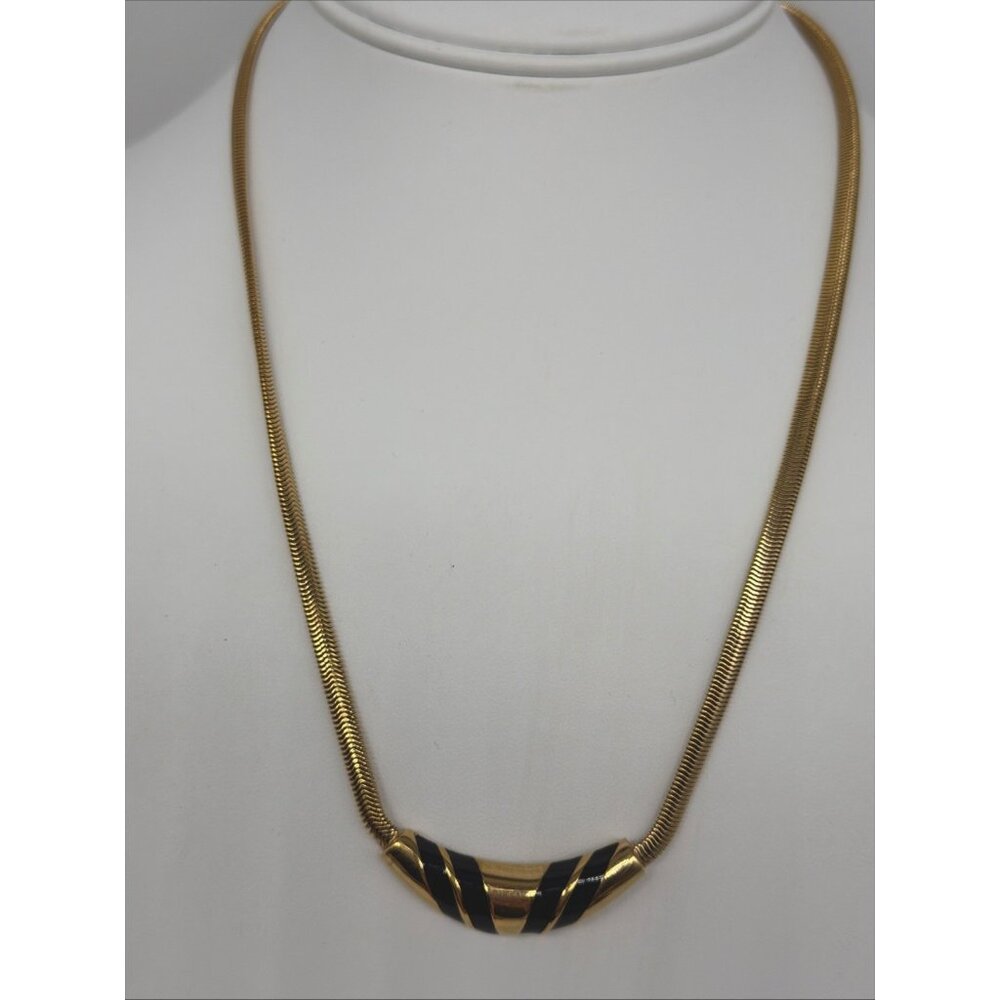 Avon 1983 Omega Snake Chain Black Enamel Gold Tone Pendant Necklace Dual Ext 18”
